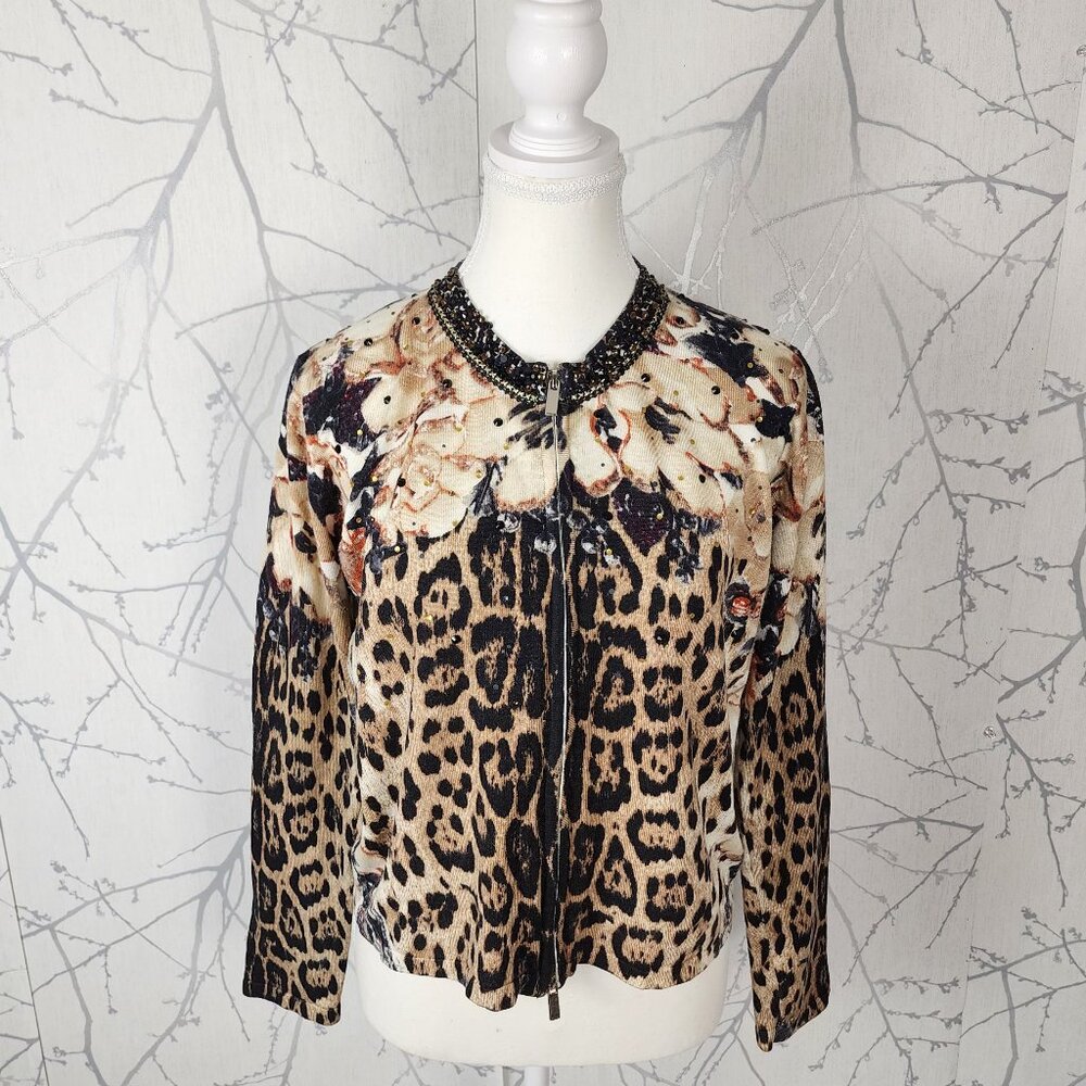 Cristina Abstract Floral Leopard Print Sequin Full Zip Boxy Fit Jacket